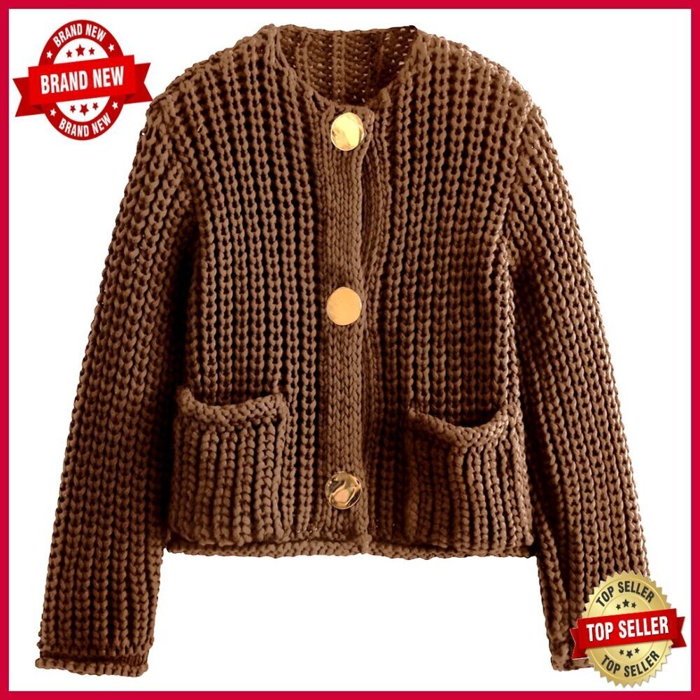 Cropped Cardigan Sweater Chunky Knit Open Front Button Down Loose Fit